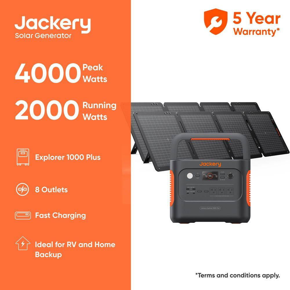 2000W Output/4000W Peak Solar Generator 1000 plus Expandable Push Button Start Battery Lifepo4 W/Two 100W Solar Panels