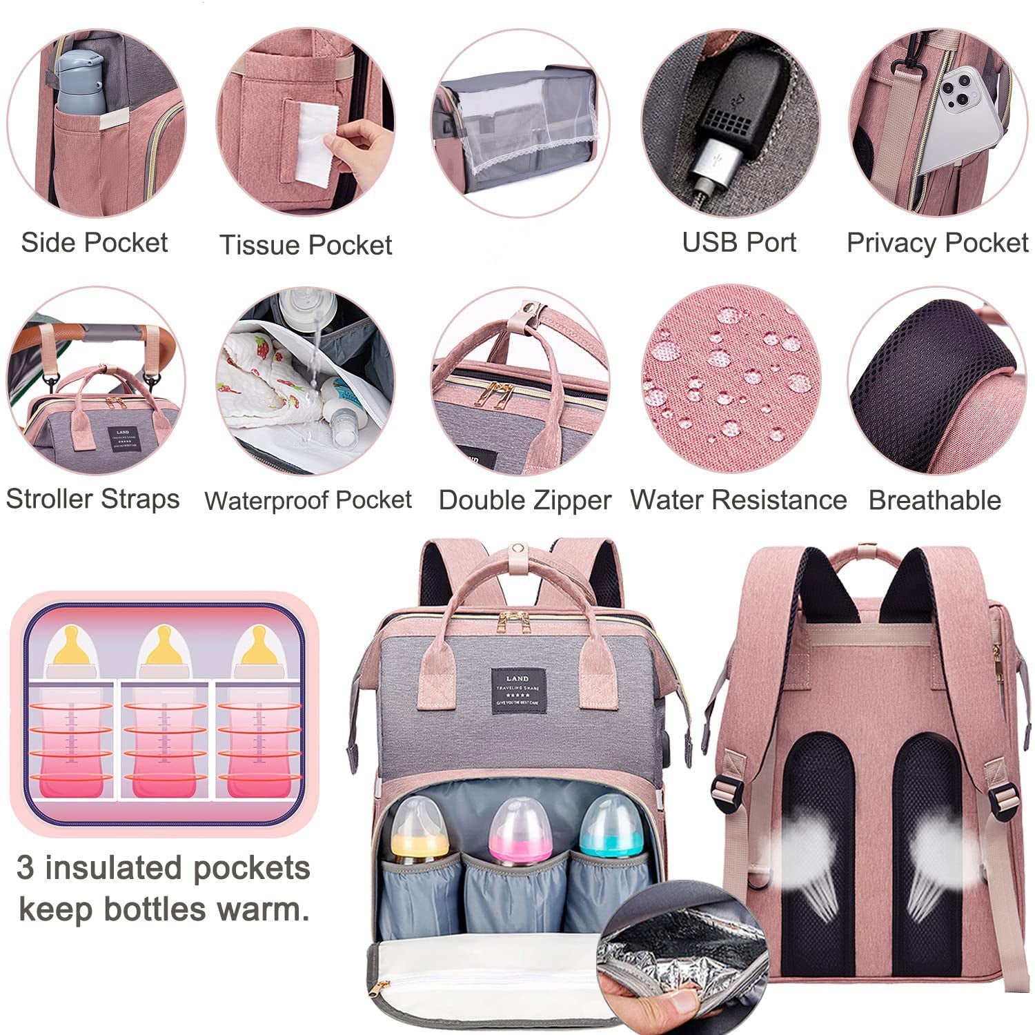 Baby Diaper Bags with Changing Station,Waterproof Diaper Bag Backpack for Moms Dads with USB Charging Port,Large Capacity Multifunctional Baby Essentials(Pink-Grey)