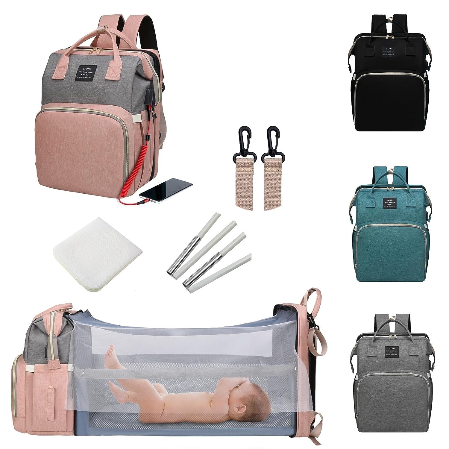 Baby Diaper Bags with Changing Station,Waterproof Diaper Bag Backpack for Moms Dads with USB Charging Port,Large Capacity Multifunctional Baby Essentials(Pink-Grey)